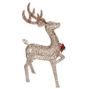 Yılbaşı Süsü, Geyik, Şampanya-Kahverengi - Metal, Işıklı, Simli, Kırmızı Fiyonklu, Çam Süsü Detaylı, 60x110 cm