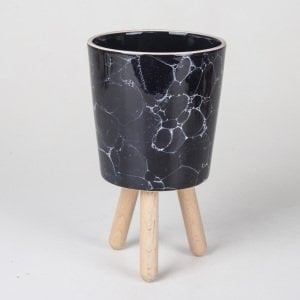 Veramaya Ayaklı Köpük Desen Orta Boy Siyah Seramik Saksı 13x22 Cm