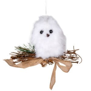 Yılbaşı Süsü, Baykuş, Beyaz-Kahverengi - Kozalaklı, Asmalı, Tüylü, Dal Yuvada, Jüt Fiyonklu, Çam Süsü Detaylı, 20x13 cm