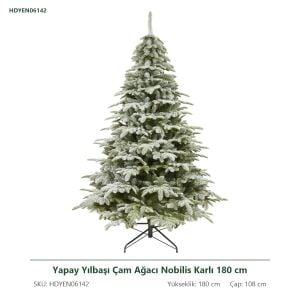 Yapay Yılbaşı Çam Ağacı Nobilis Karlı 180 cm - Kar Yağmış Görünümlü PE/PVC Noel Ağacı, Çap 108 cm