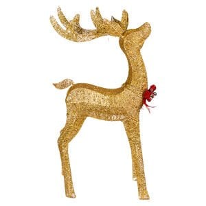 Yılbaşı Süsü, Geyik, Gold - Metal, Işıklı, Simli, Kırmızı Fiyonklu, 63x110 cm