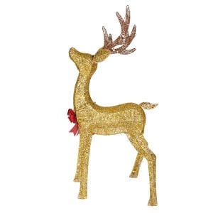 Yılbaşı Süsü, Geyik, Gold-Kahverengi - Metal, Işıklı, Simli, Kırmızı Fiyonklu, 60x126 cm