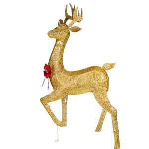 Yılbaşı Süsü, Geyik, Gold - Metal, Işıklı, Simli, Kırmızı Fiyonklu, 87x170 cm