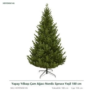 Yapay Yılbaşı Çam Ağacı Nordic Spruce Yeşil 180 cm - Gerçek Görünümlü PE Noel Ağacı, Çap 106 cm