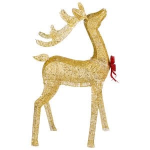 Yılbaşı Süsü, Geyik, Gold - Metal, Işıklı, Simli, Kırmızı Fiyonklu, 80x140 cm