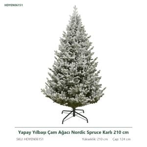 Yapay Yılbaşı Çam Ağacı Nordic Spruce Karlı 210 cm - Kar Yağmış Görünümlü PE Noel Ağacı, Çap 124 cm