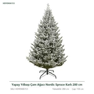 Yapay Yılbaşı Çam Ağacı Nordic Spruce Karlı 280 cm - Kar Yağmış Görünümlü PE Noel Ağacı, Çap 150 cm