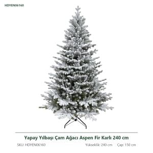 Yapay Yılbaşı Çam Ağacı Aspen Fir Karlı 240 cm - Kar Yağmış Görünümlü PE/PVC Noel Ağacı, Çap 150 cm