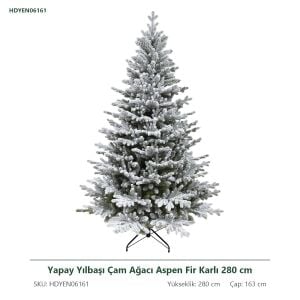 Yapay Yılbaşı Çam Ağacı Aspen Fir Karlı 280 cm - Kar Yağmış Görünümlü PE/PVC Noel Ağacı, Çap 163 cm