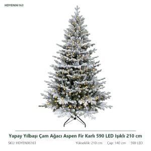 Yapay Yılbaşı Çam Ağacı Aspen Fir Karlı 590 LED Işıklı 210 cm - Kar Yağmış Görünümlü PE/PVC Noel Ağacı, Çap 140 cm