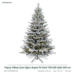 Yapay Yılbaşı Çam Ağacı Aspen Fir Karlı 740 LED Işıklı 240 cm - Kar Yağmış Görünümlü PE/PVC Noel Ağacı, Çap 150 cm