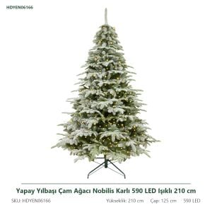 Yapay Yılbaşı Çam Ağacı Nobilis Karlı 590 LED Işıklı 210 cm - Kar Yağmış Görünümlü PE/PVC Noel Ağacı, Çap 125 cm