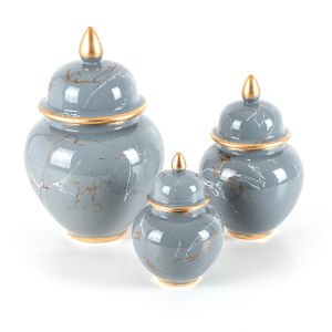 Seramik 3'lü Jar Set Mermer Dekor Gri (12X18) (16X23) (21X31) Cm.