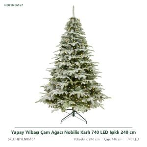 Yapay Yılbaşı Çam Ağacı Nobilis Karlı 740 LED Işıklı 240 cm - Kar Yağmış Görünümlü PE/PVC Noel Ağacı, Çap 146 cm
