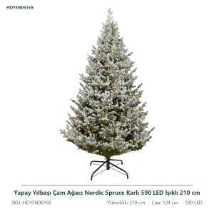 Yapay Yılbaşı Çam Ağacı Nordic Spruce Karlı 590 LED Işıklı 210 cm - Kar Yağmış Görünümlü PE Noel Ağacı, Çap 124 cm