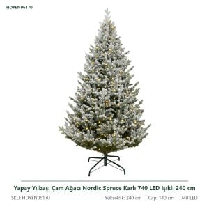 Yapay Yılbaşı Çam Ağacı Nordic Spruce Karlı 740 LED Işıklı 240 cm - Kar Yağmış Görünümlü PE Noel Ağacı, Çap 140 cm