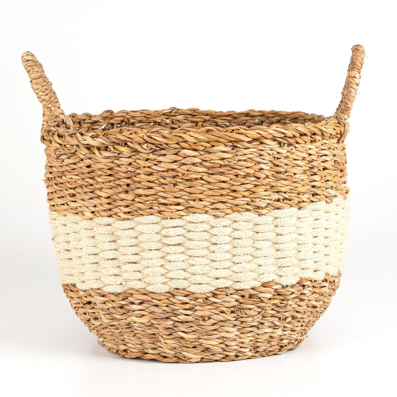Beyaz Kuşaklı Kulplu Hasır Sepet Natural - Beyaz 33 x 33 Cm.