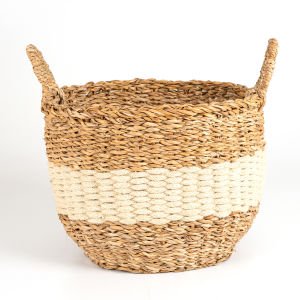 Beyaz Kuşaklı Kulplu Hasır Sepet Natural - Beyaz 33 x 33 Cm.