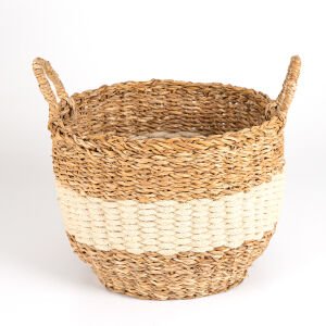 Beyaz Kuşaklı Kulplu Hasır Sepet Natural - Beyaz 33 x 33 Cm.