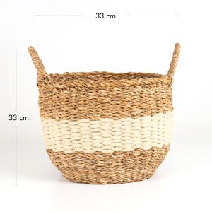 Beyaz Kuşaklı Kulplu Hasır Sepet Natural - Beyaz 33 x 33 Cm.