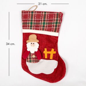 Yılbaşı Süsü Ekose Desenli Çorap Noel Baba Figürlü Koyu Kırmızı 21x34 Cm.