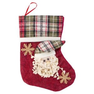 Yılbaşı Süsü Ekose Desenli Çorap Noel Baba Figürlü Kırmızı 16x23 Cm.