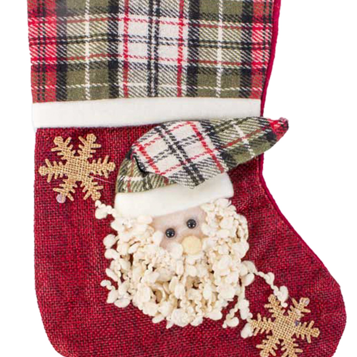 Yılbaşı Süsü, Ekose Desenli Çorap, Noel Baba Figürlü, Kırmızı - 16x23 cm