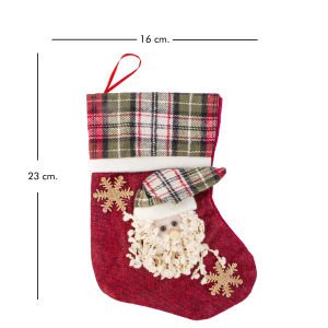 Yılbaşı Süsü Ekose Desenli Çorap Noel Baba Figürlü Kırmızı 16x23 Cm.