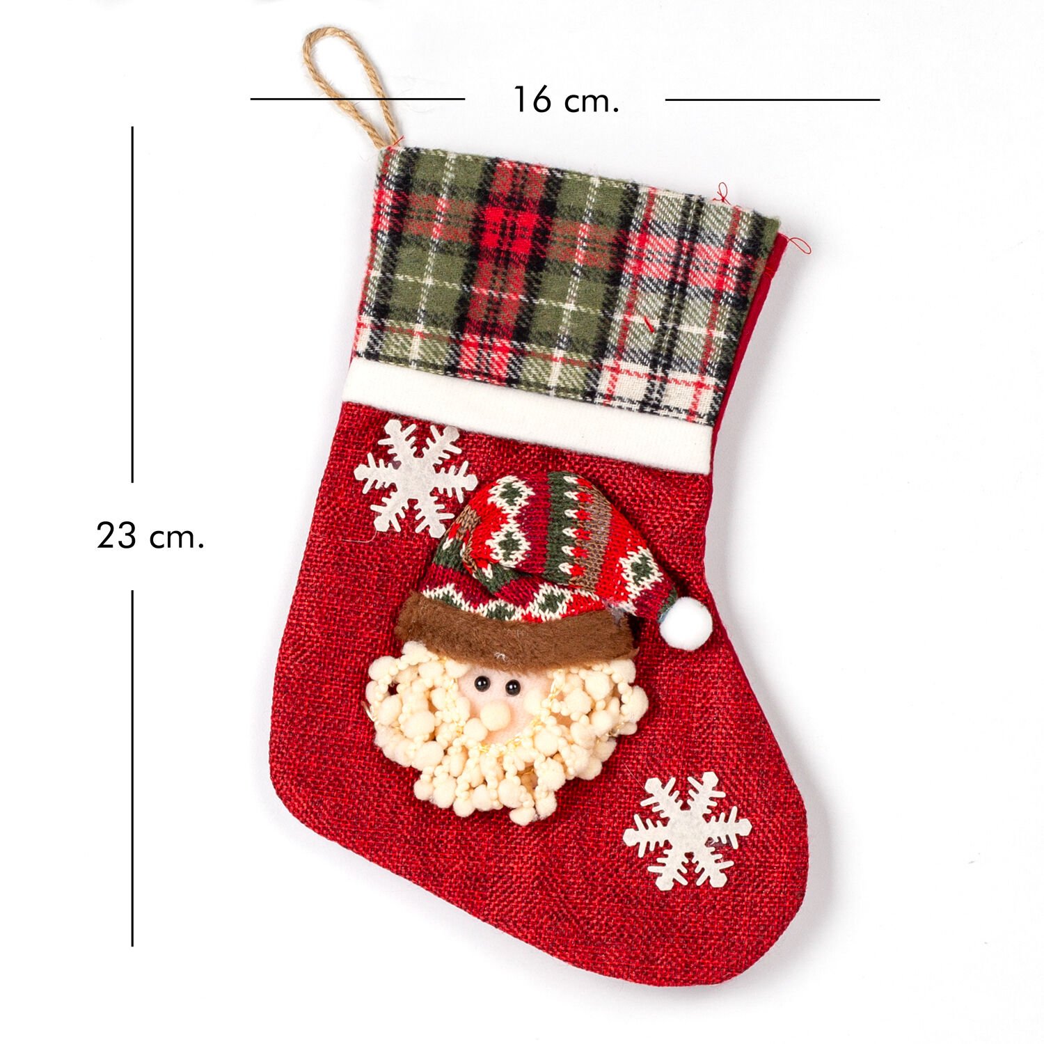 Yılbaşı Süsü, Ekose Desenli Çorap, Noel Baba Figürlü, Kırmızı - 16x23 cm