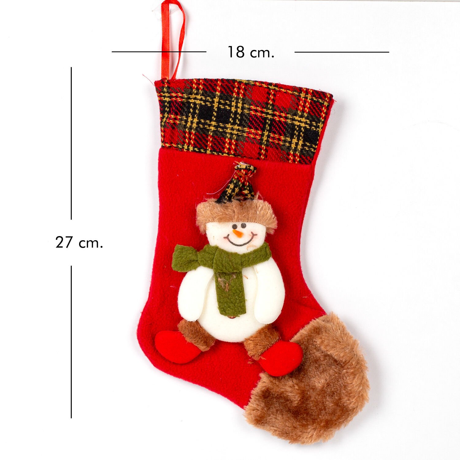 Yılbaşı Süsü, Çorap, Kırmızı - Kardan Adam Figürlü, 18x27 cm