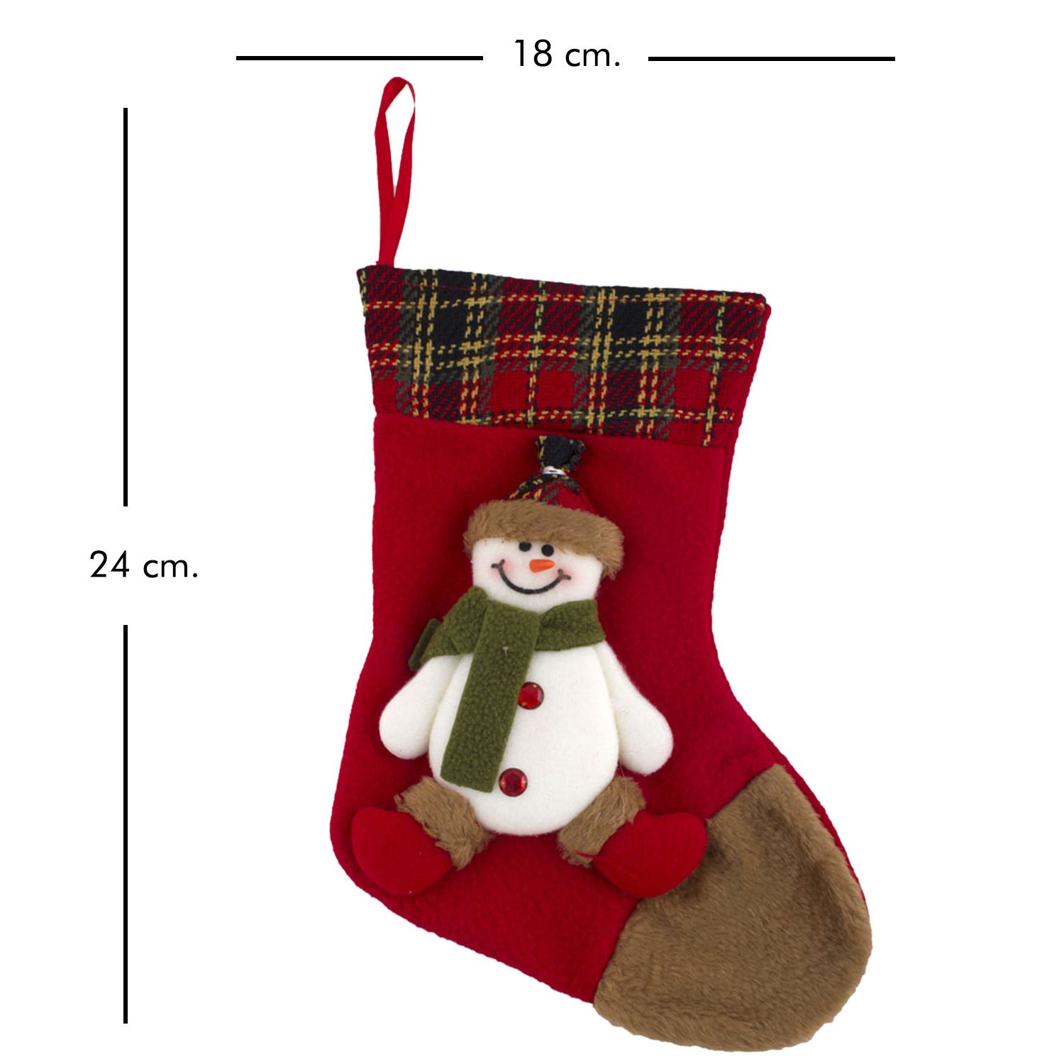 Yılbaşı Süsü, Çorap, Kırmızı - Kardan Adam Figürlü, 18x27 cm